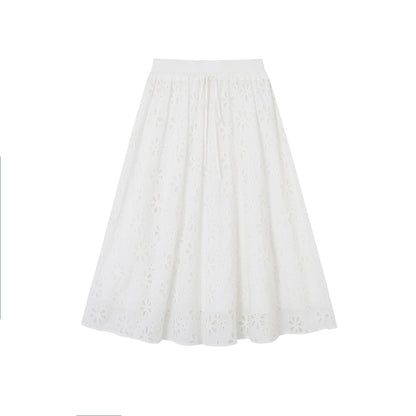 SOMESOWE S2508084&amp;S2508085 Hollow flower lace up short sleeved top + skirt set