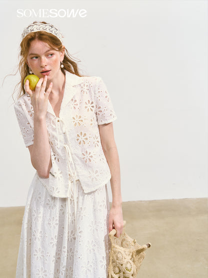 SOMESOWE S2508084&amp;S2508085 Hollow flower lace up short sleeved top + skirt set