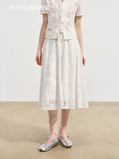 SOMESOWE S2508084&amp;S2508085 Hollow flower lace up short sleeved top + skirt set