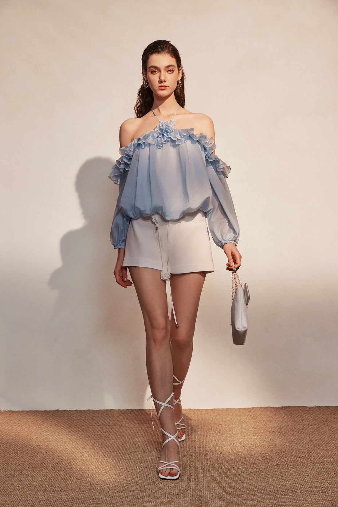 Kingwen Blue neck hanging shirt  + lace up shorts set (seperate)