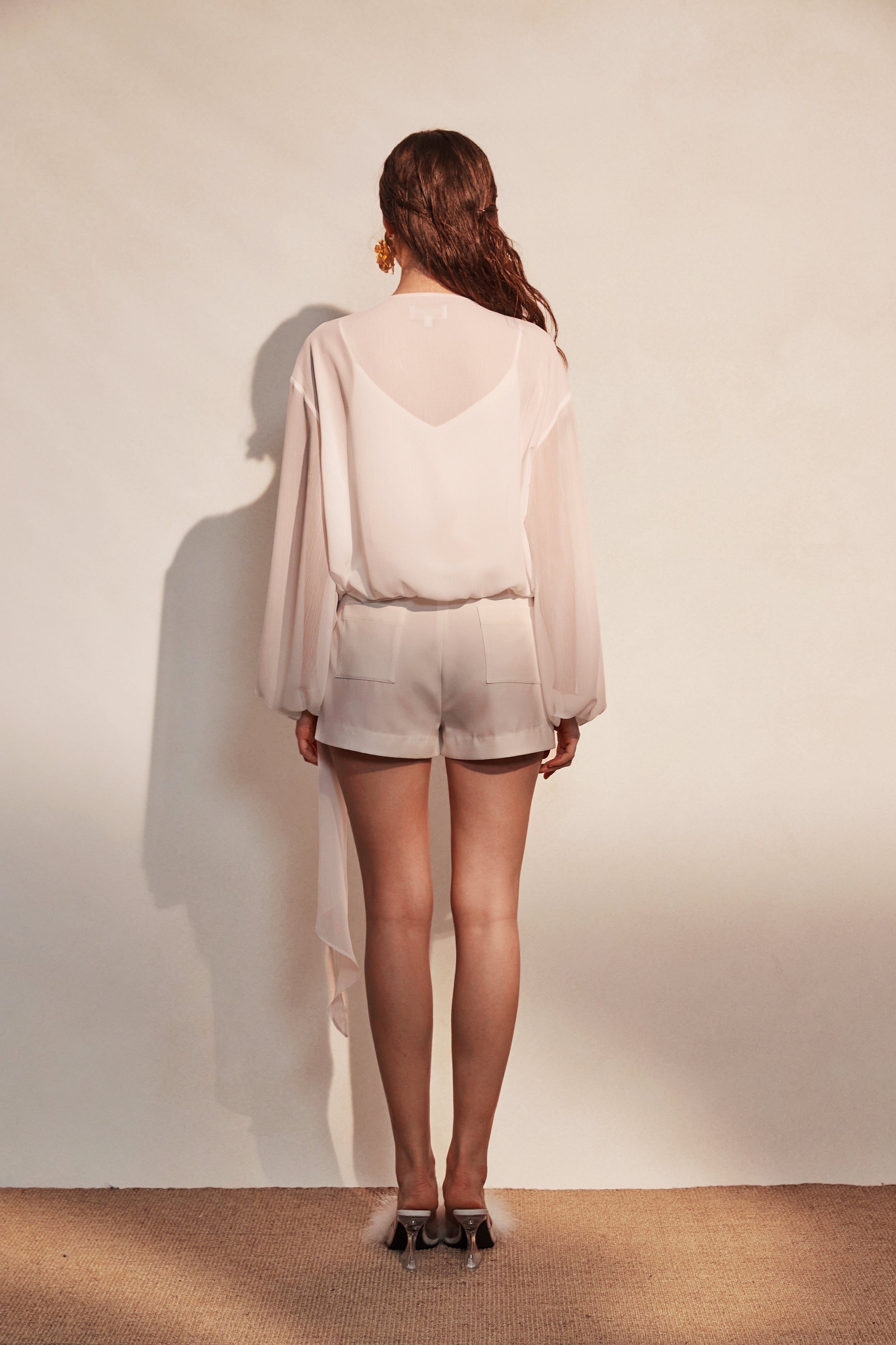Kingwen White V-neck ribbon shirt  + lace up shorts set (seperate)