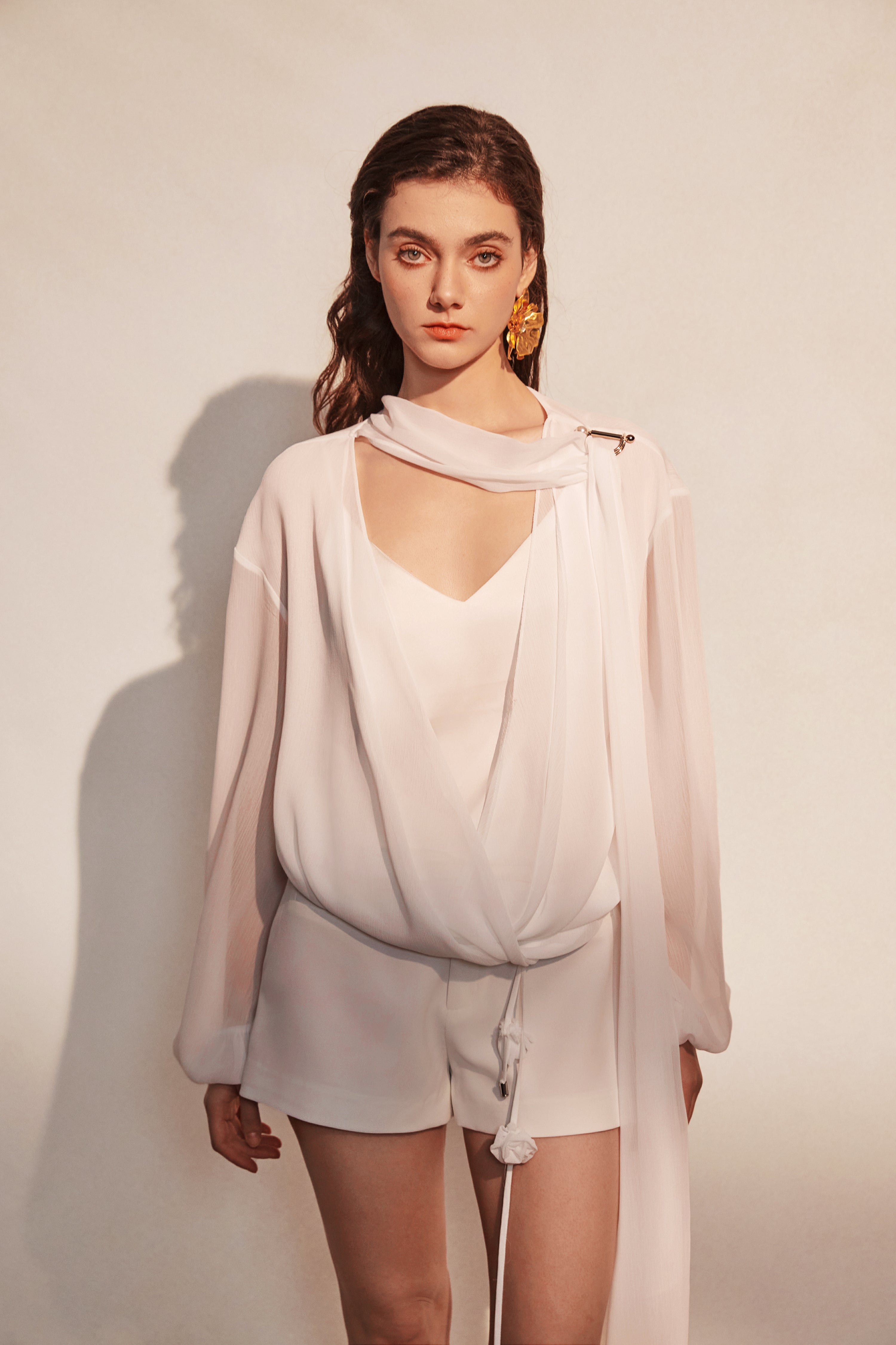 Kingwen White V-neck ribbon shirt  + lace up shorts set (seperate)
