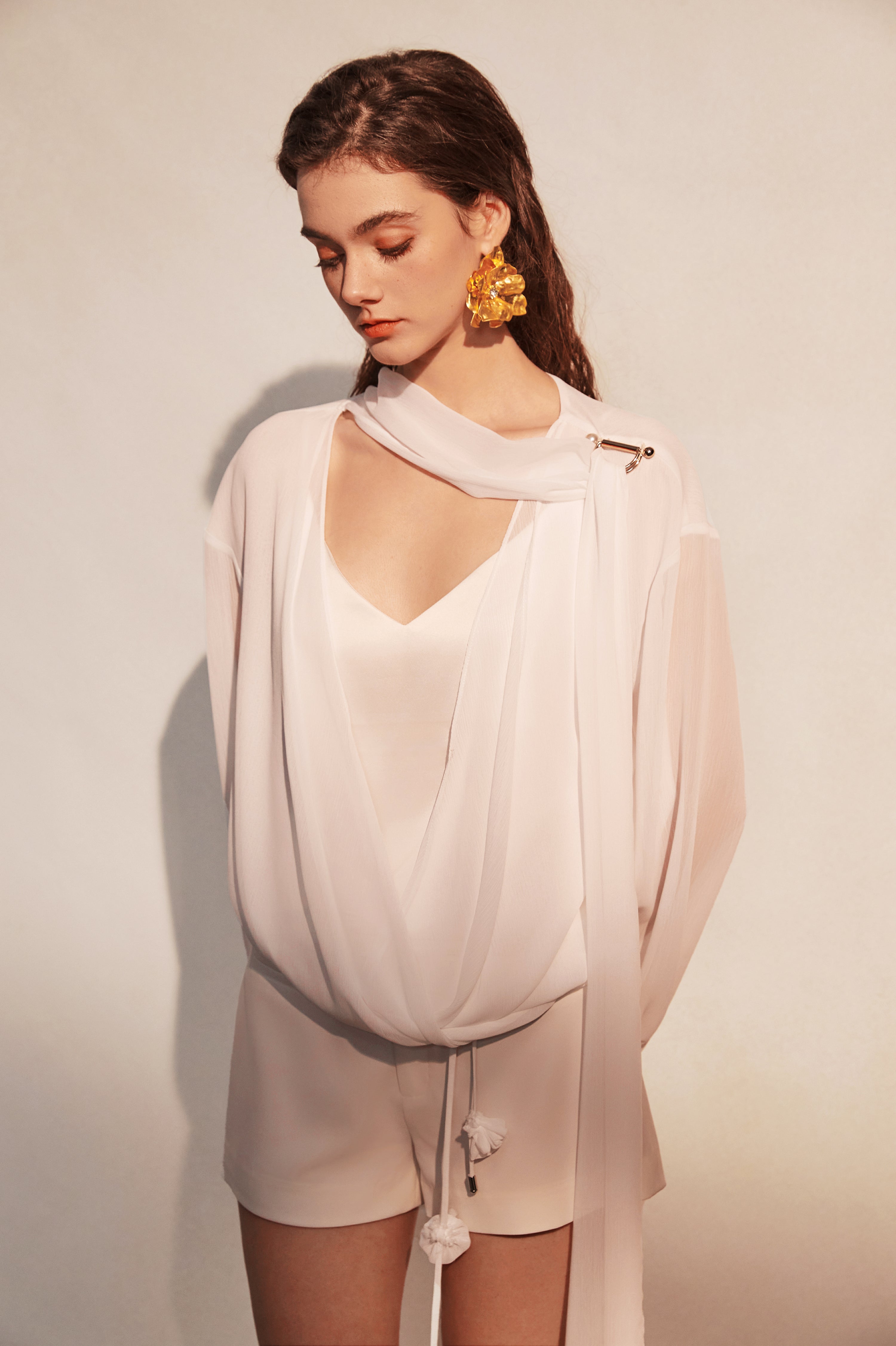 Kingwen White V-neck ribbon shirt  + lace up shorts set (seperate)