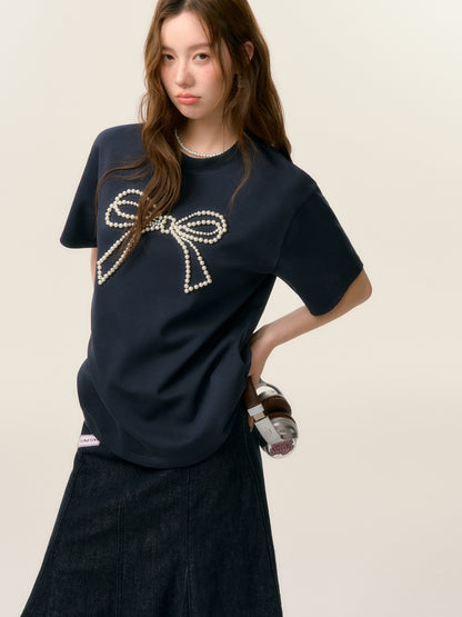 SOMESOWE S2508028 Beaded Bow Short-Sleeve T-Shirt (2color)