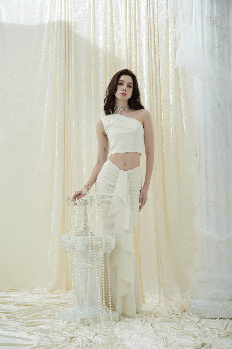 Crow Crew White one shoulder top + skirt set