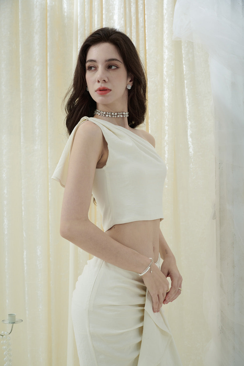 Crow Crew White one shoulder top + skirt set