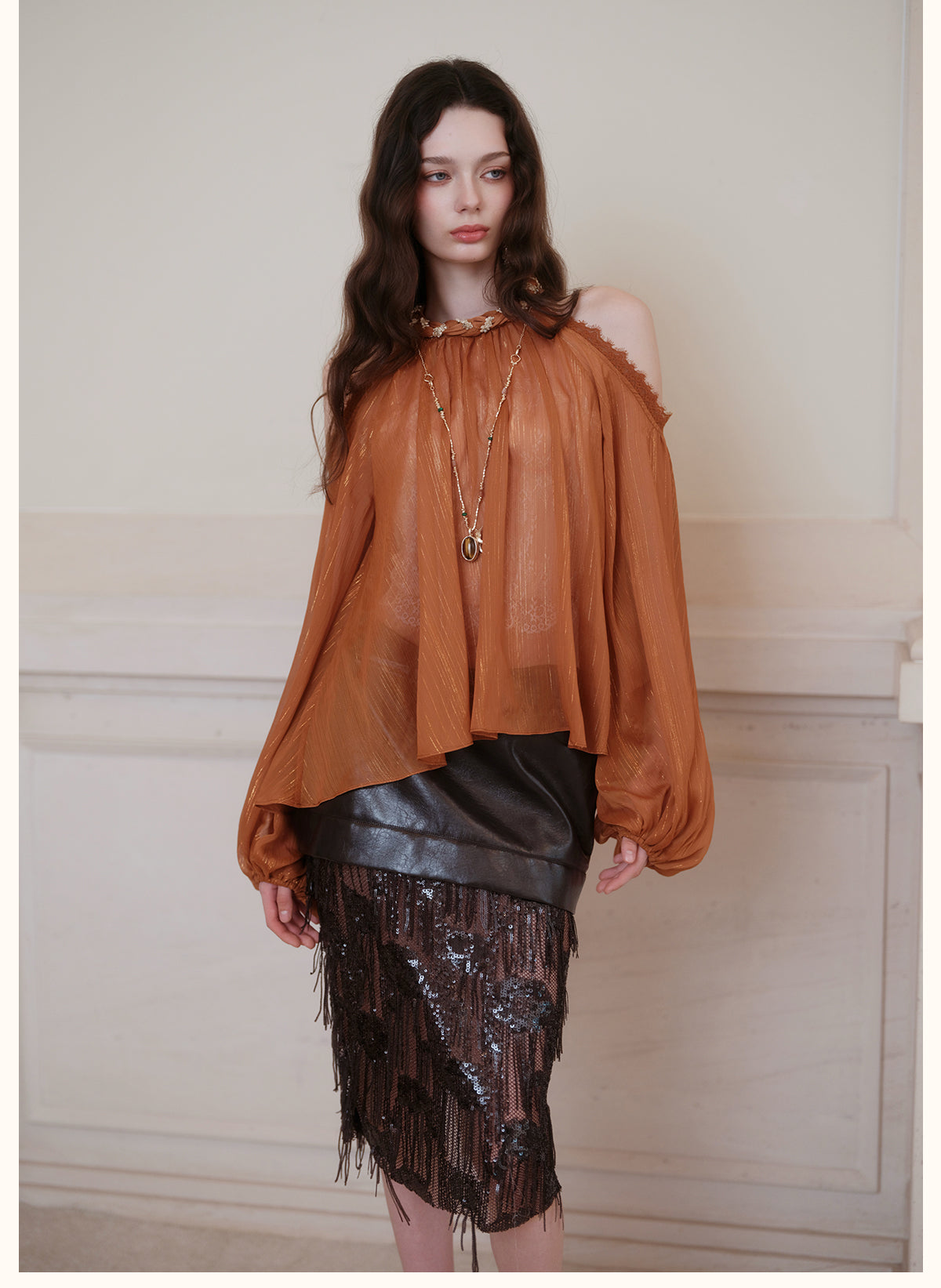SHEERLUCK SLCS26732 Poesia Off-Shoulder Puff Chiffon Blouse-Caramel