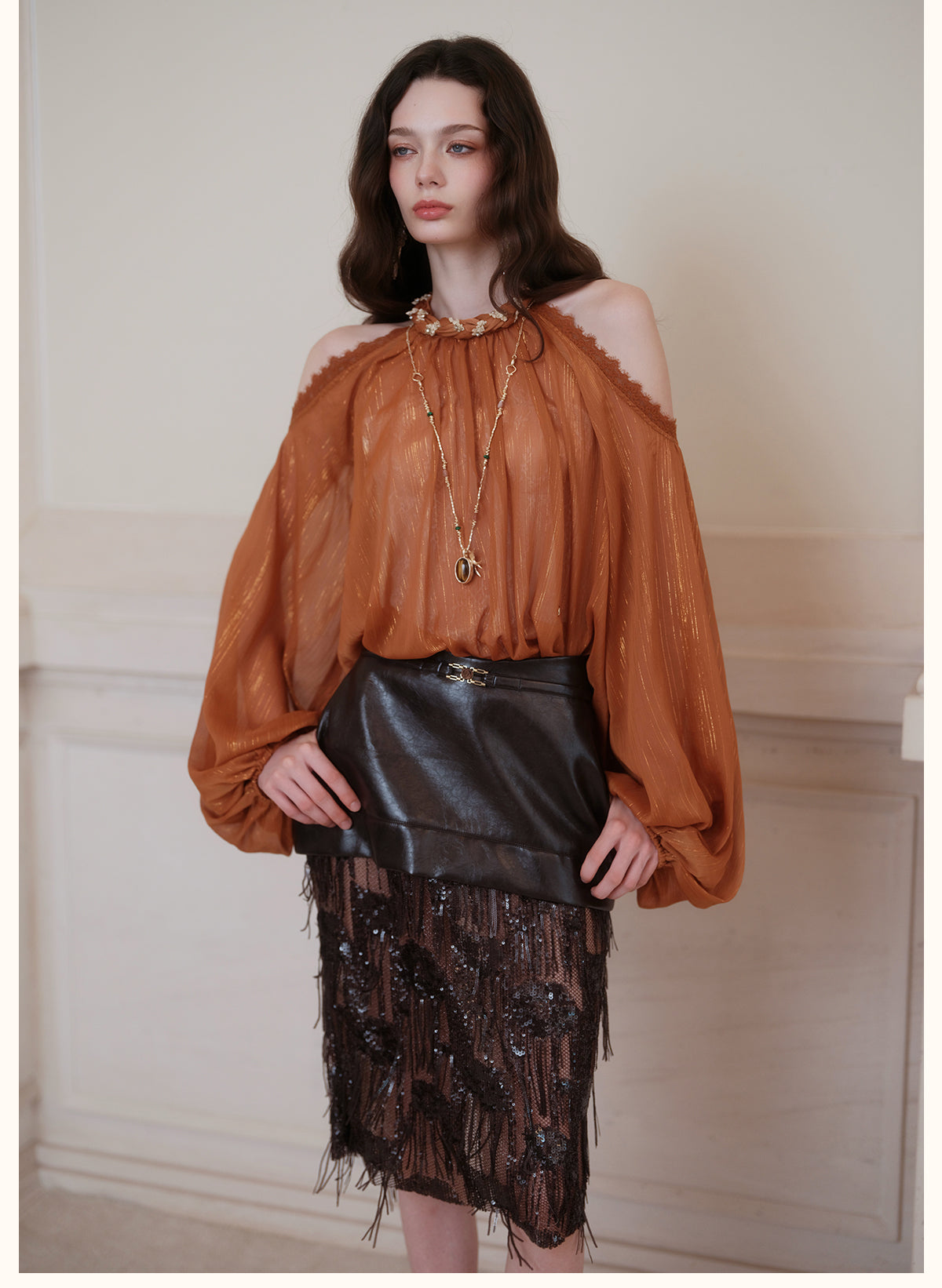 SHEERLUCK SLCS26732 Poesia Off-Shoulder Puff Chiffon Blouse-Caramel