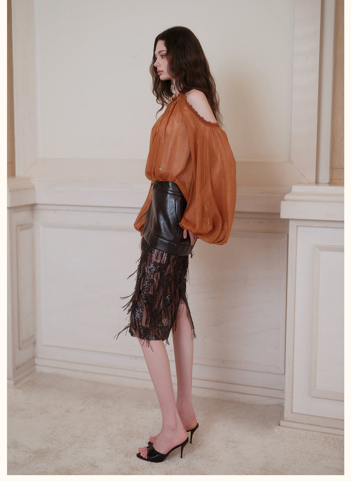 SHEERLUCK SLCS26732 Poesia Off-Shoulder Puff Chiffon Blouse-Caramel
