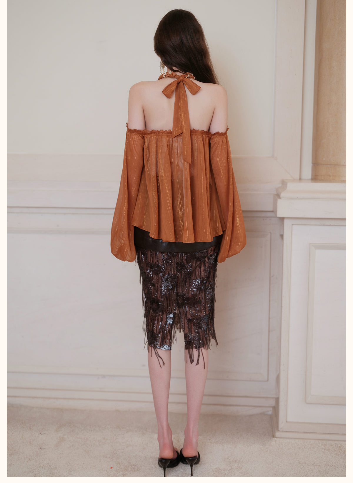SHEERLUCK SLCS26732 Poesia Off-Shoulder Puff Chiffon Blouse-Caramel