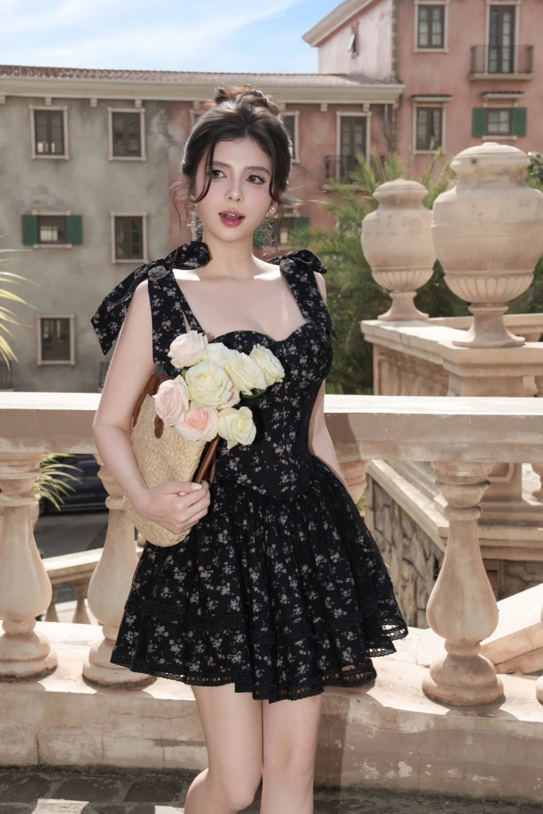 BEL ANGE ROSELINE FLORA BLACK DRESS