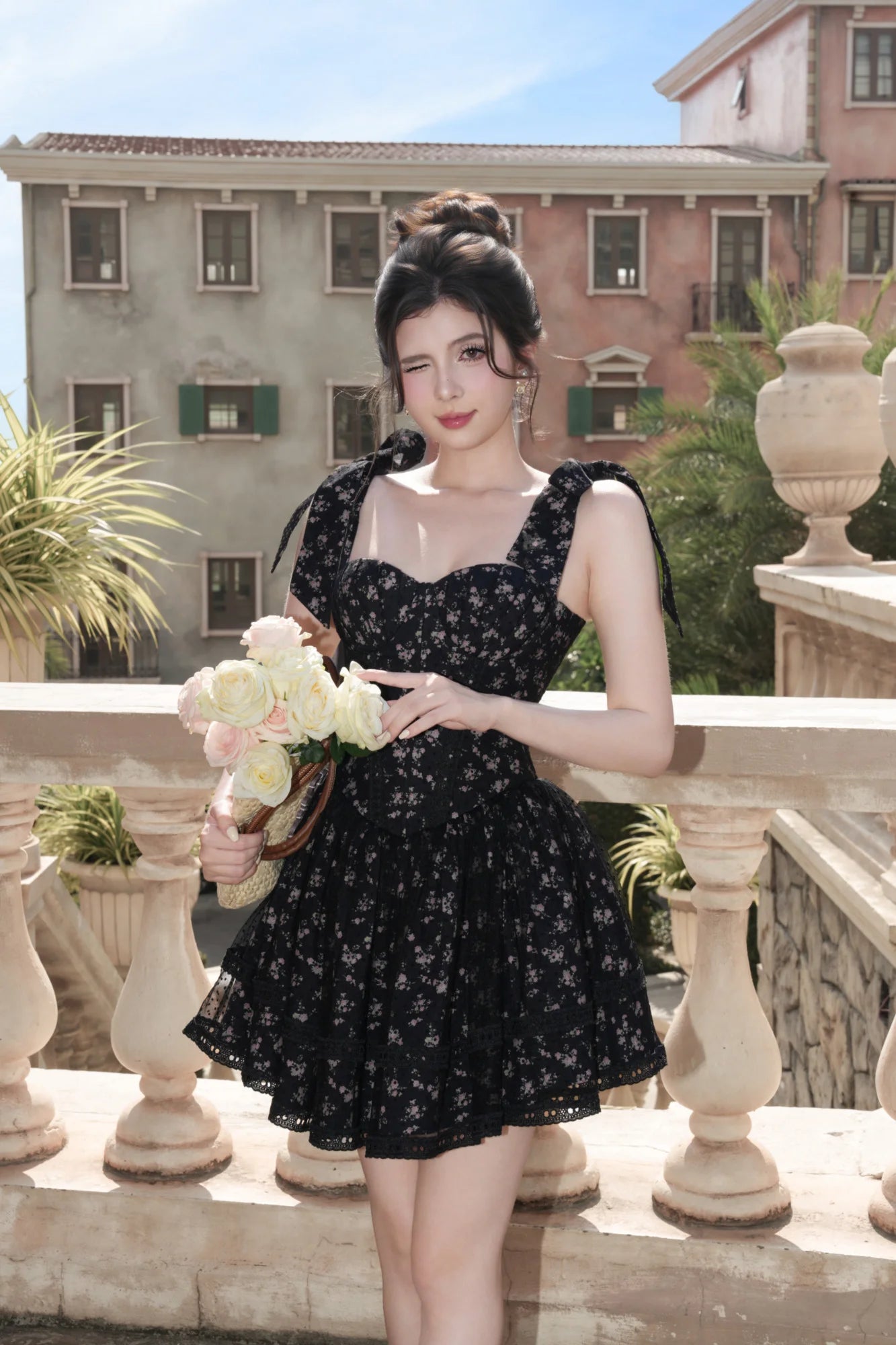 BEL ANGE ROSELINE FLORA BLACK DRESS