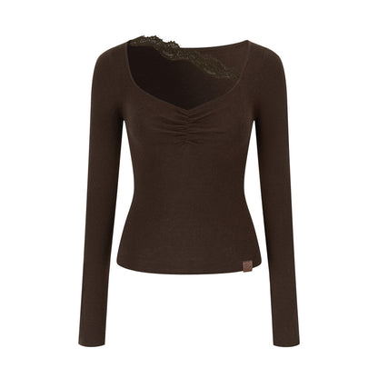 VIA PITTI VIADK743 Wrinkled lace decorative woolen base long sleeved shirt