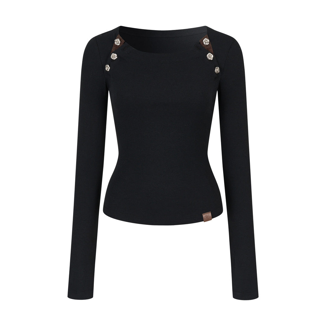 VIA PITTI VIADTP705 Rose button decoration base long sleeved T