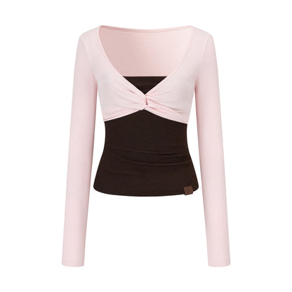 VIA PITTI VIADTP689 Splicing fake two-piece contrasting strapless long sleeved shirt