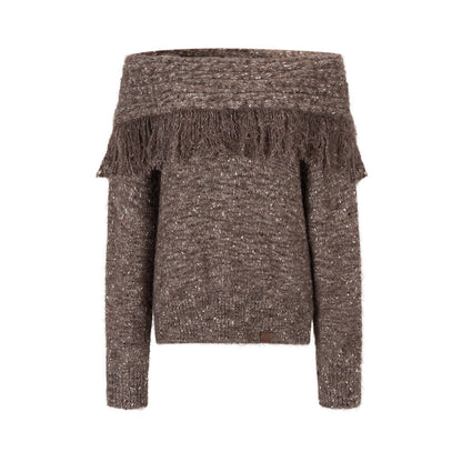 VIA PITTI VIADK783 Off shoulder mixed color woolen sweater + scarf set