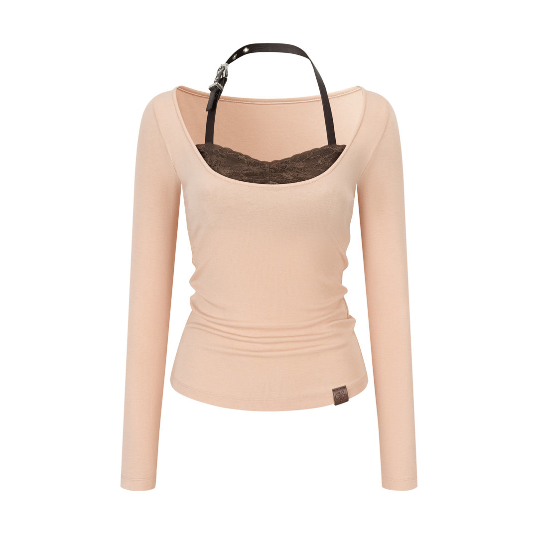 VIA PITTI VIADTP751 Lace patchwork leather edge contrasting long sleeved T