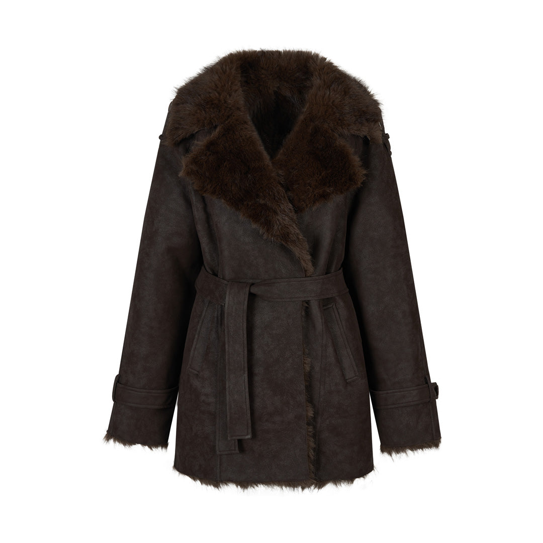VIA PITTI VIADC681 Fur and leather one-piece waist cinching coat
