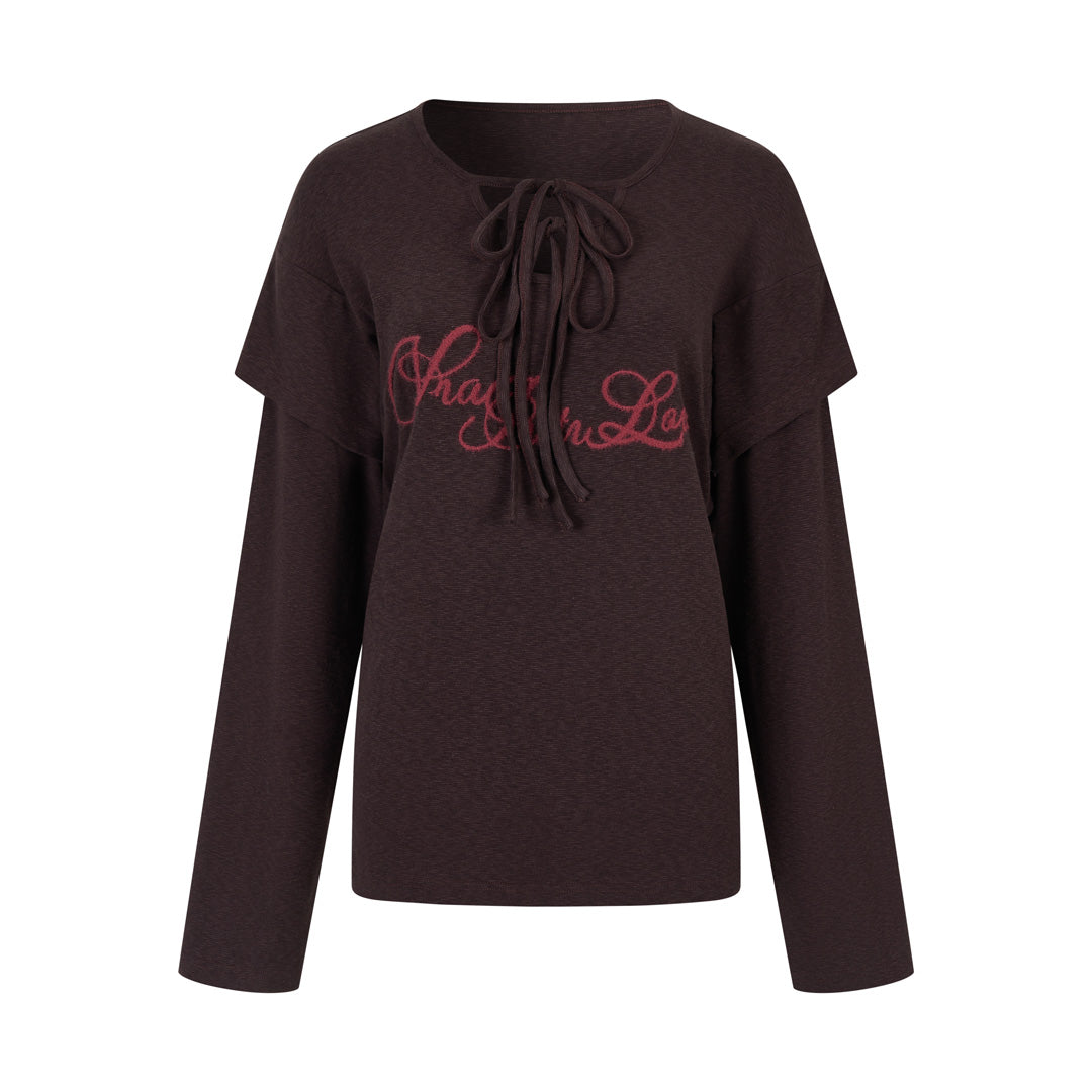 VIA PITTI VIADTP741 Fake Two Piece 3D Embroidered Loose Long Sleeve T