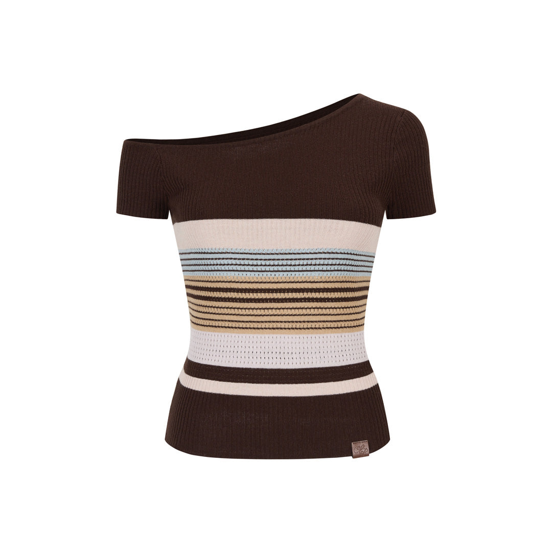 VIA PITTI VIABK6017 Slanted shoulder striped contrasting woolen short sleeved shirt