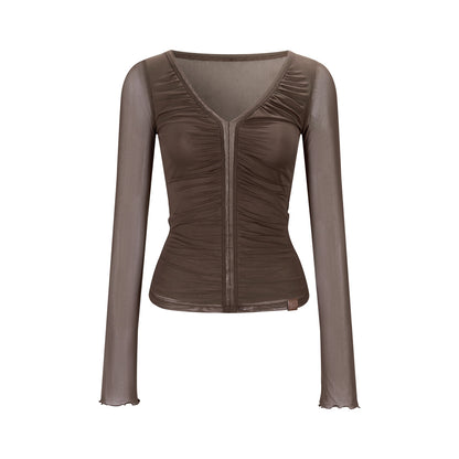 VIA PITTI VIABTP473 V-neck pleated mesh slim fit top