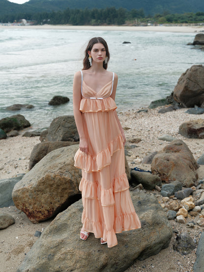 SHEERLUCK SLLYQ25108 Vacation style multi-layer camisole dress (2color)