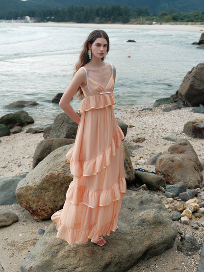 SHEERLUCK SLLYQ25108 Vacation style multi-layer camisole dress (2color)