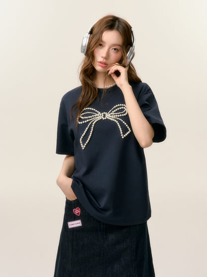 SOMESOWE S2508028 Beaded Bow Short-Sleeve T-Shirt (2color)