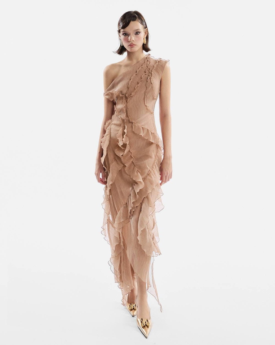 MUST HAVE BEIGE RUFFLE MIDI DRESS