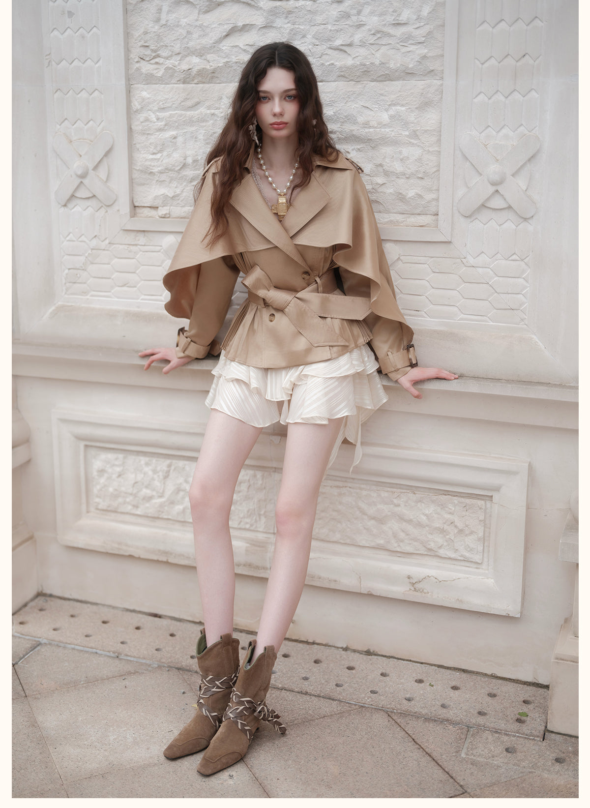 SHEERLUCK SLFY26751 Hourglass Cape  Cropped Trench Coat-Khaki