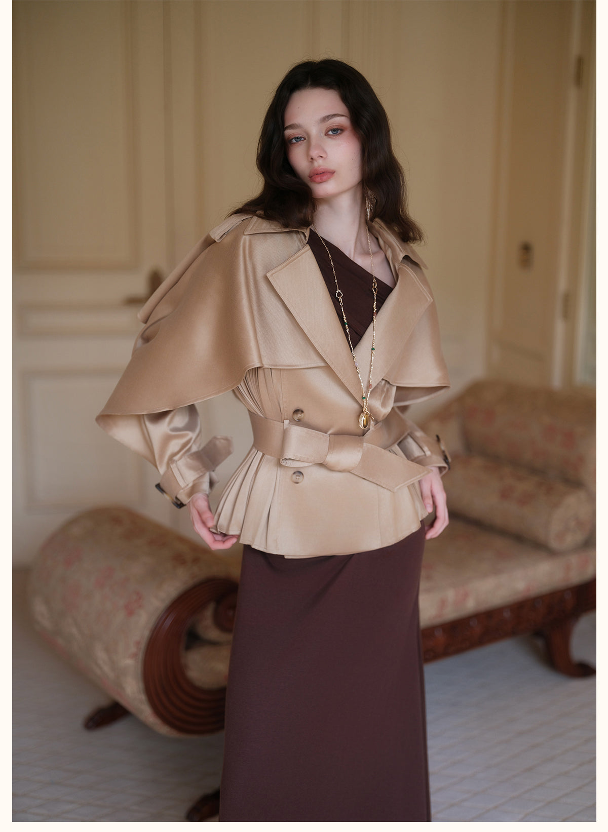 SHEERLUCK SLFY26751 Hourglass Cape  Cropped Trench Coat-Khaki