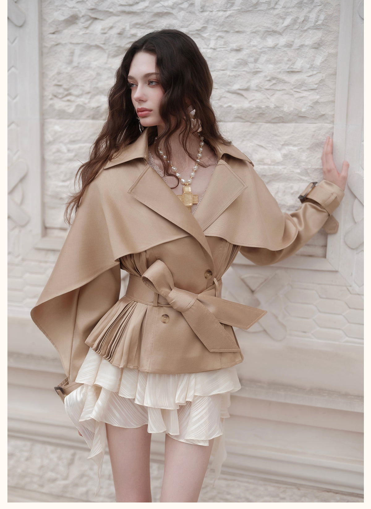 SHEERLUCK SLFY26751 Hourglass Cape  Cropped Trench Coat-Khaki
