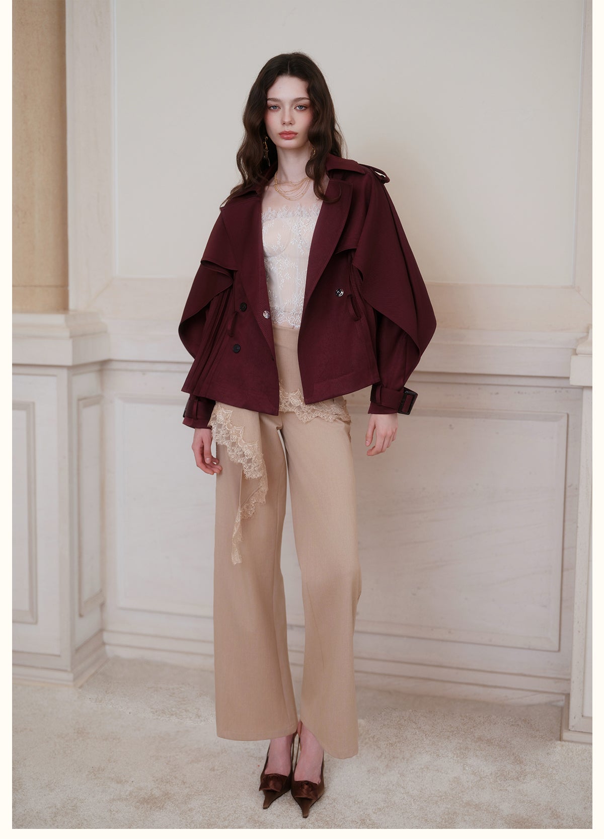 SHEERLUCK SLFY26751 Hourglass Cape Cropped Trench Coat-Bordeaux Red