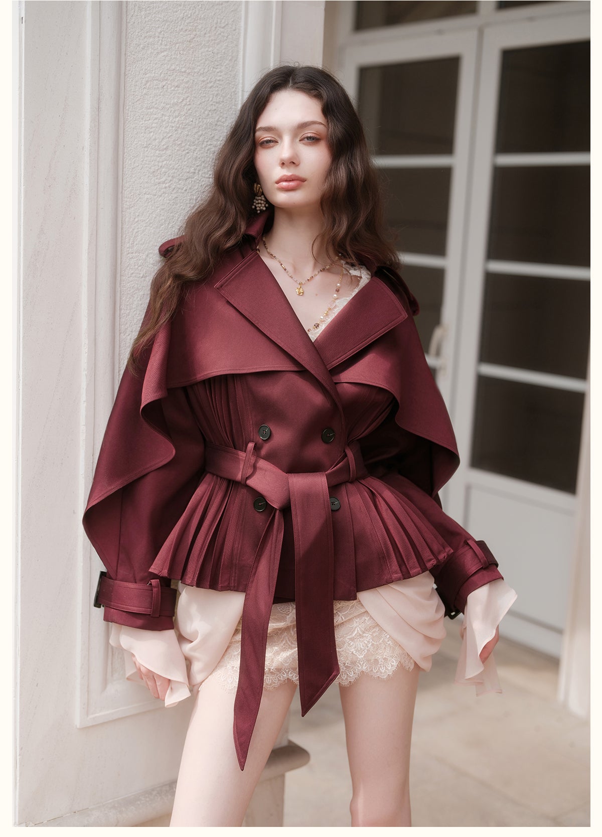 SHEERLUCK SLFY26751 Hourglass Cape Cropped Trench Coat-Bordeaux Red