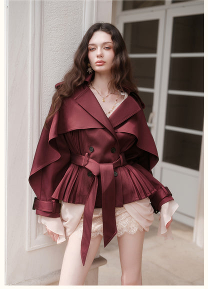 SHEERLUCK SLFY26751 Hourglass Cape Cropped Trench Coat-Bordeaux Red