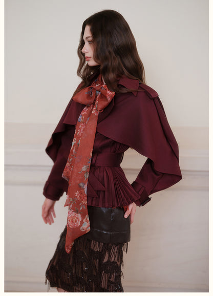 SHEERLUCK SLFY26751 Hourglass Cape Cropped Trench Coat-Bordeaux Red