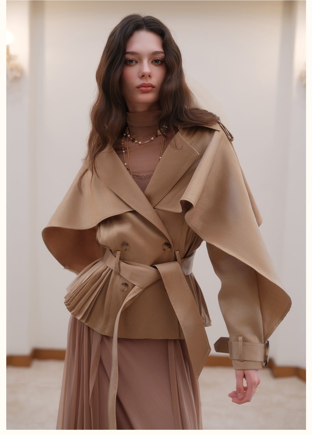 SHEERLUCK SLFY26751 Hourglass Cape  Cropped Trench Coat-Khaki