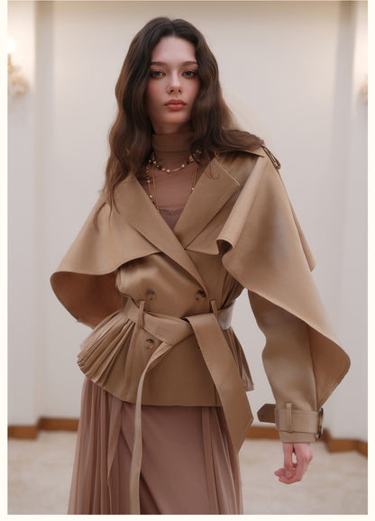 SHEERLUCK SLFY26751 Hourglass Cape  Cropped Trench Coat-Khaki