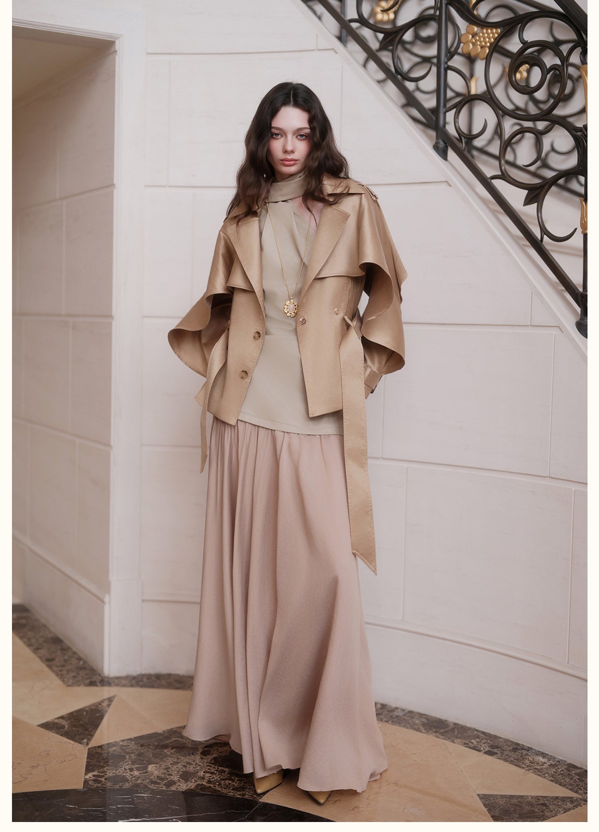 SHEERLUCK SLFY26751 Hourglass Cape  Cropped Trench Coat-Khaki