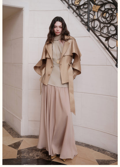 SHEERLUCK SLFY26751 Hourglass Cape  Cropped Trench Coat-Khaki