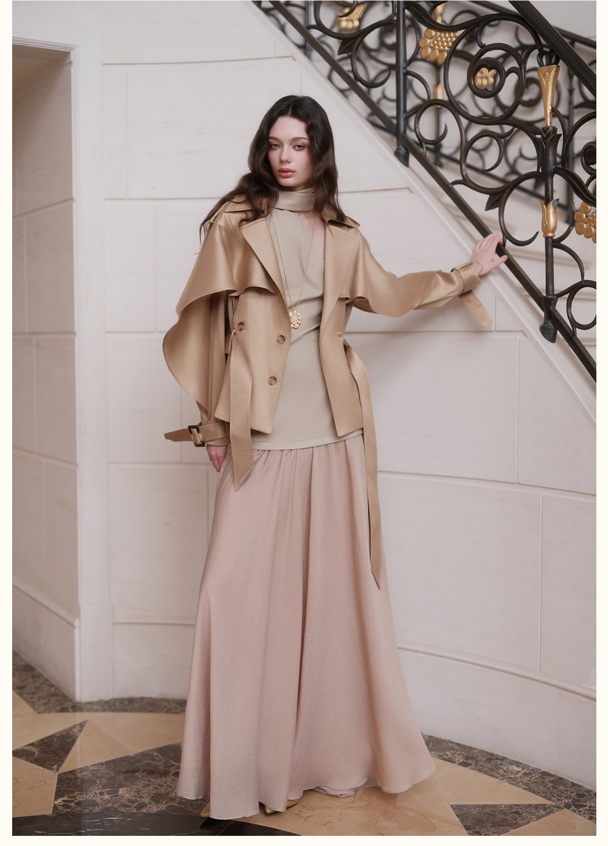 SHEERLUCK SLFY26751 Hourglass Cape  Cropped Trench Coat-Khaki