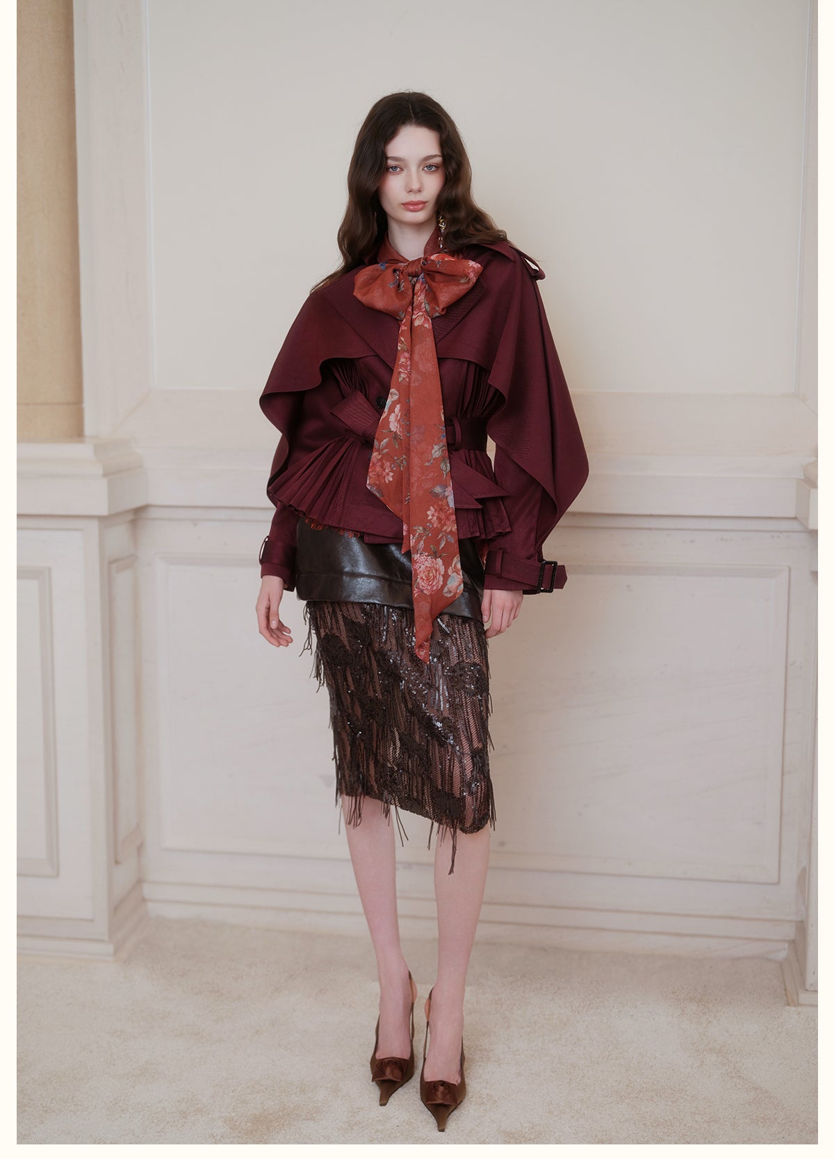 SHEERLUCK SLFY26751 Hourglass Cape Cropped Trench Coat-Bordeaux Red