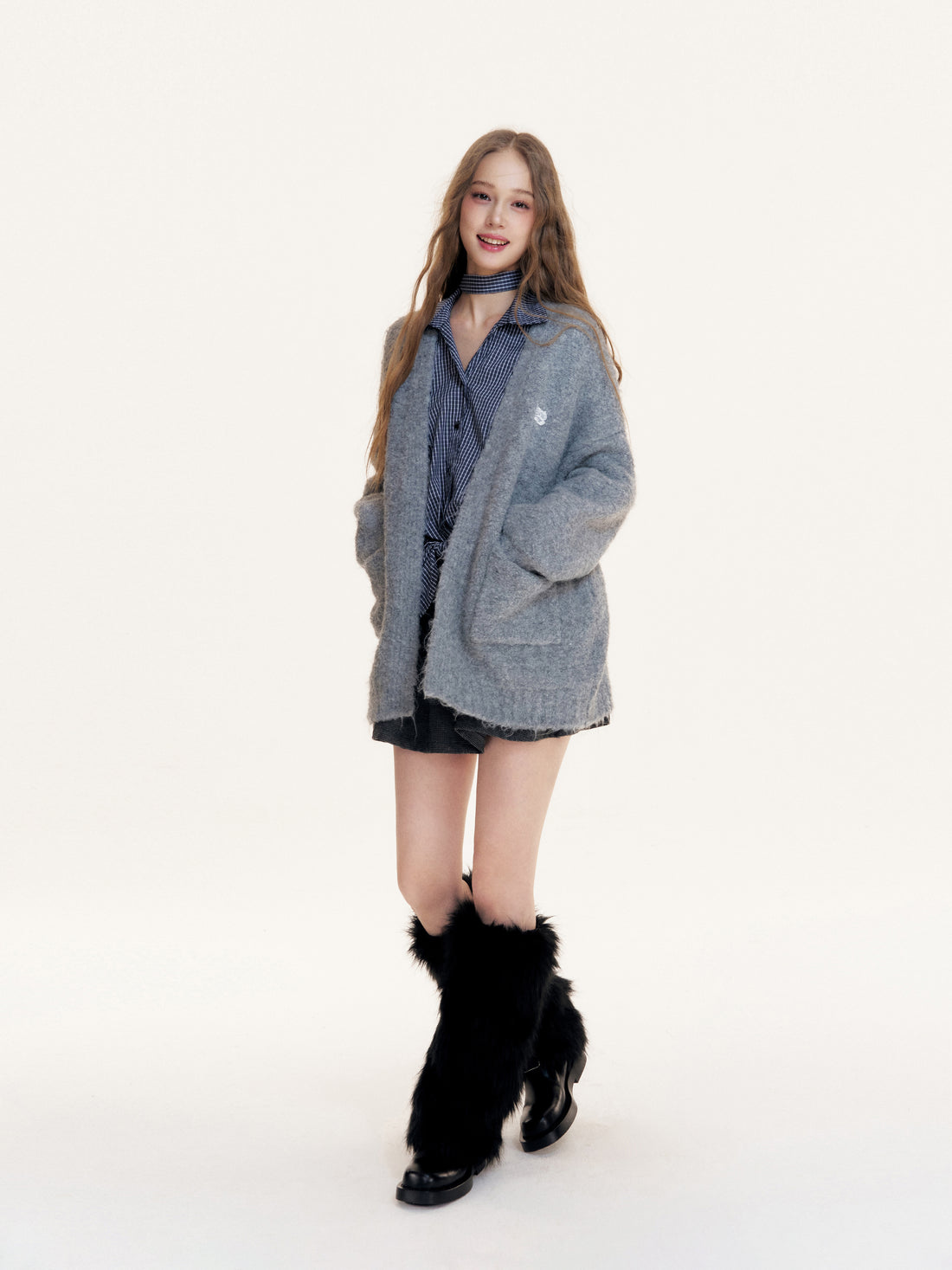 16DEWS 16D25420 Grid V-neck long sleeved shirt (with ribbon)