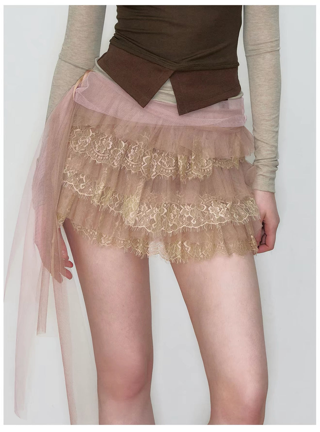 VIA PITTI VIAAS813 Nude Lace Tiered Mini Skirt