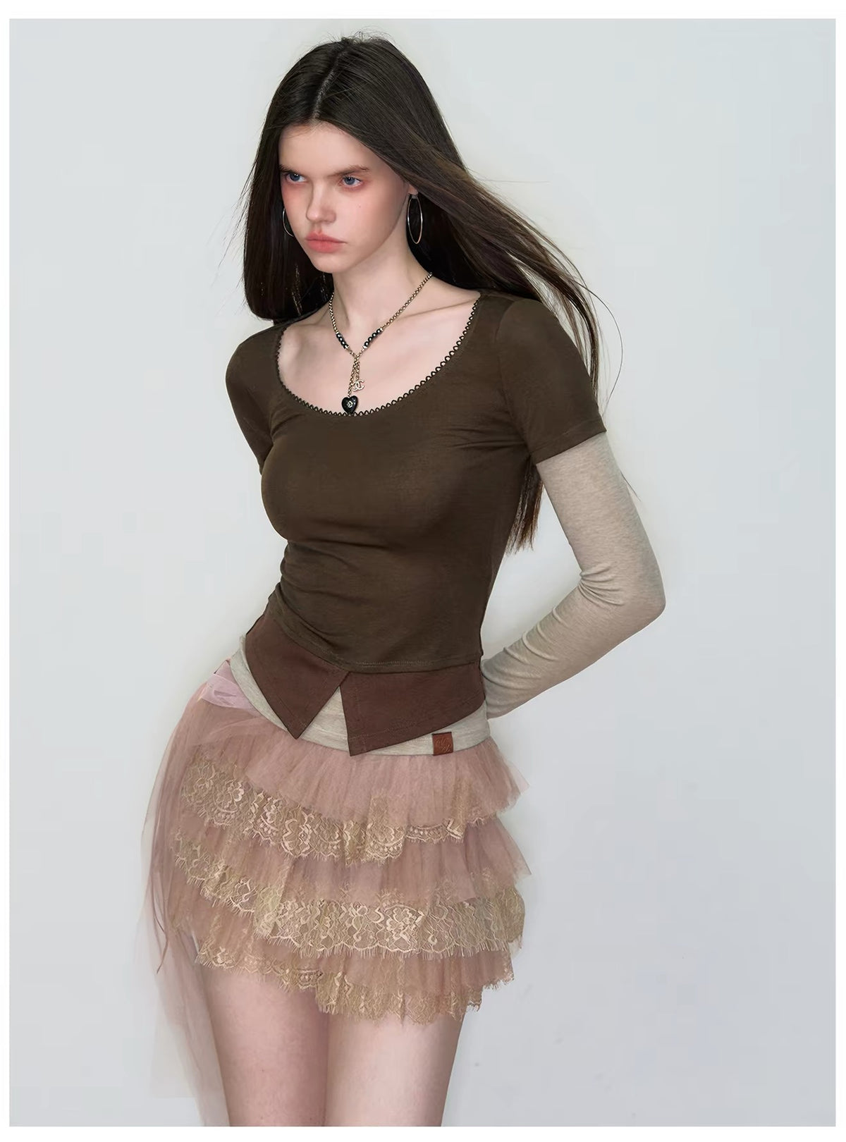 VIA PITTI VIAAS813 Nude Lace Tiered Mini Skirt