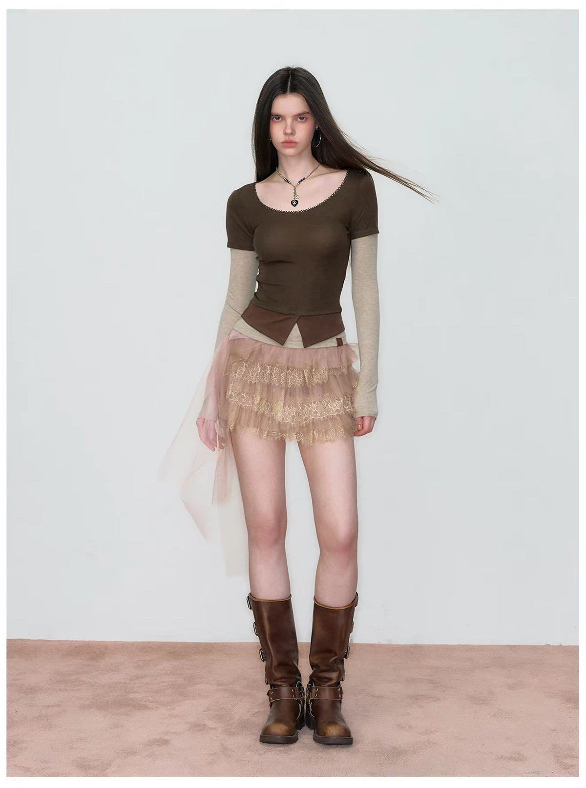 VIA PITTI VIAAS813 Nude Lace Tiered Mini Skirt