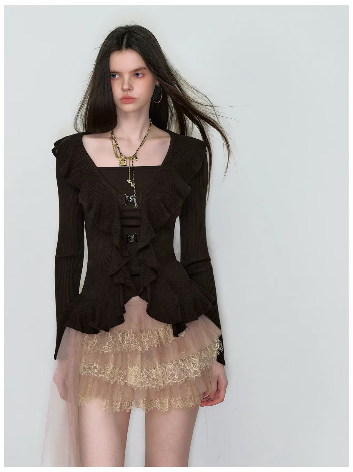 VIA PITTI VIAAS813 Nude Lace Tiered Mini Skirt
