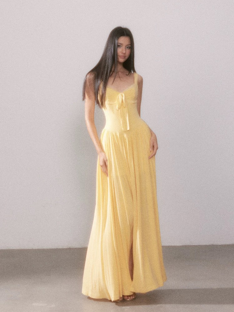 YZZI HE French style lace knitted camisole slit maxi dress