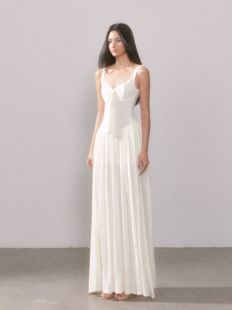 YZZI HE French style lace knitted camisole slit maxi dress