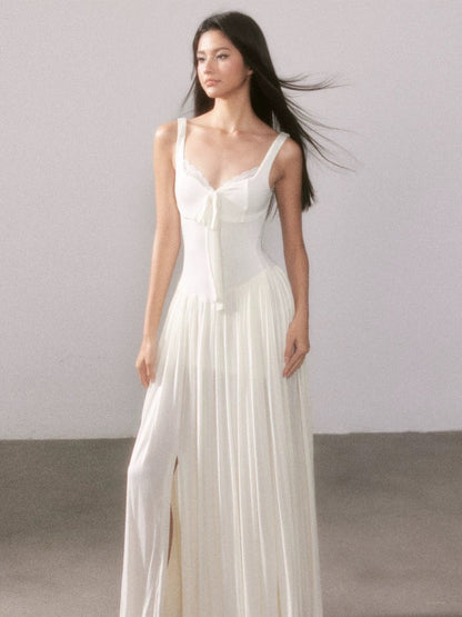 YZZI HE French style lace knitted camisole slit maxi dress